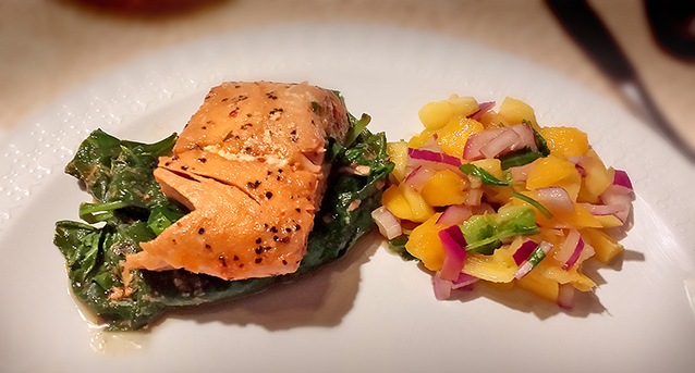 Salmon Poached on Spinach with Mango Sauce